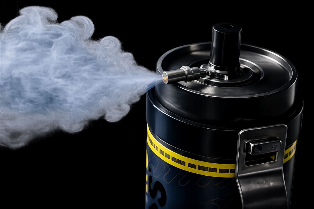Fastgas Wegwerp Tank close-up: lachgas stroomt uit het ventiel van een 2 kilo tank